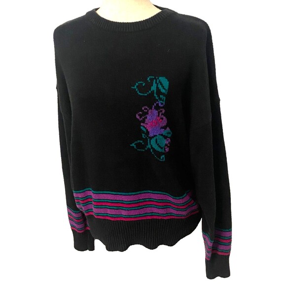 Vtg YORK FAIR Women's L Knit Crew Neck Sweater Black Purple Floral Wool Blend - Picture 2 of 6